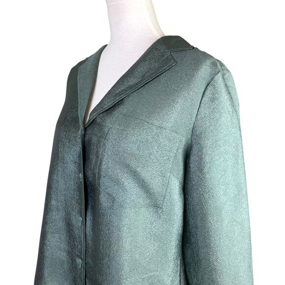 JUST Female Mae Shirt Jade Green Shiny Texture Button Up Long Sleeve Blouse - Picture 7 of 15